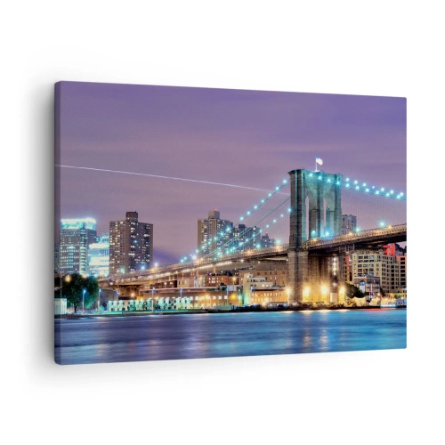 Quadro su tela - Stampe su Tela - Ponte di Brooklyn di notte con la città illuminata sullo sfondo - 70x50cm - Da tanti anni il ponte di Brooklyn - Decorazione murale moderna per soggiorno e camera da letto ARTTOR