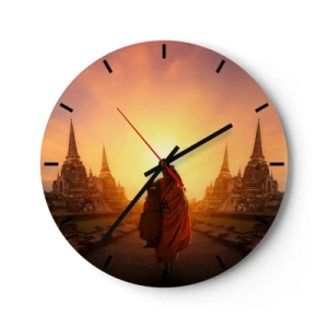 Orologio da parete - Orologio in Vetro - Un monaco in veste color zafferano circondato dai templi al tramonto - 30x30cm - In pace per l'eternità - Decorazione murale moderna per soggiorno, cucina e camera da letto ARTTOR