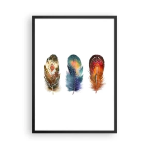 Poster in cornice nera - Piume colorate in stile artistico su sfondo bianco - 50x70cm - Cerimonie, riti, misteri - Decorazione murale moderna per soggiorno e camera da letto ARTTOR