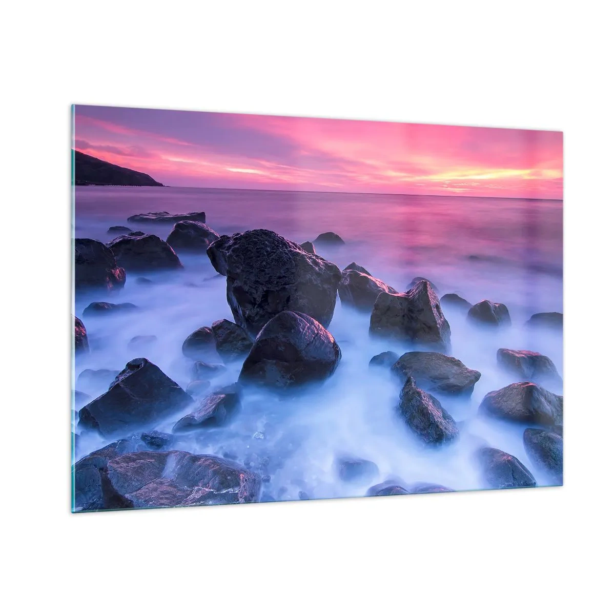 Quadro su vetro - Onde che si infrangono sugli scogli al tramonto - 100x70cm - Nascita nella luce e nella nebbia - Decorazione murale moderna per soggiorno e camera da letto ARTTOR