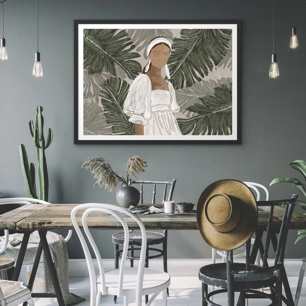 Poster in cornice nera - Ritratto di una donna in abito bianco su uno sfondo di foglie di monstera - 70x50cm - Ritratto esotico - Decorazione murale moderna per soggiorno e camera da letto ARTTOR