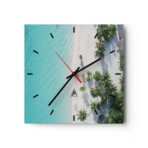 Orologio da parete - Orologio in Vetro - Una vista a volo d'uccello di una spiaggia tropicale con acqua turchese e palme - 30x30cm - Vacanze in paradiso - Decorazione murale moderna per soggiorno e camera da letto ARTTOR