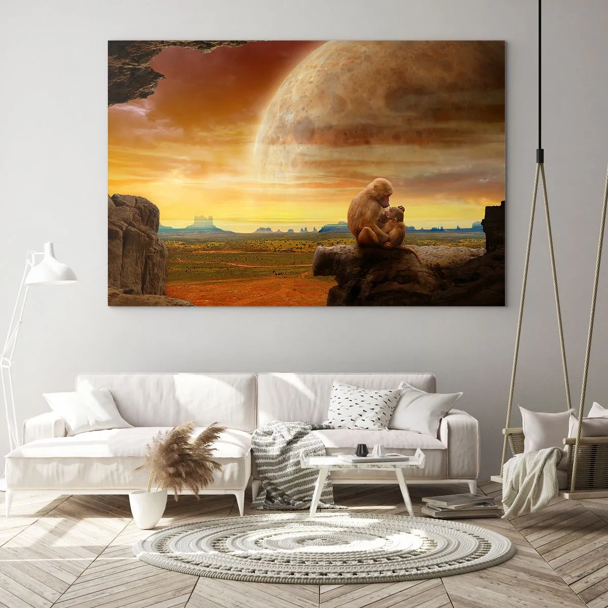 Quadro su vetro - Scimmie sedute su una roccia con un'enorme luna sullo sfondo - 120x80cm - L'amore è ovunque lo stesso - Decorazione murale moderna per soggiorno e camera da letto ARTTOR