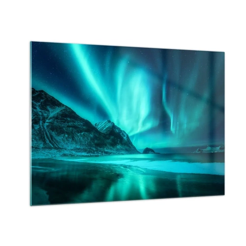 Quadro su vetro - Aurora boreale su un paesaggio montano e mare ghiacciato - 70x50cm - Miracolo del Nord - Decorazione murale moderna per soggiorno e camera da letto ARTTOR