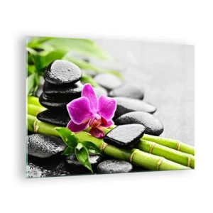 Quadro su vetro - Orchidea, pietre nere e bambù in una composizione tranquilla - 70x50cm - Un tranquillo equilibrio - Decorazione murale moderna per soggiorno e camera da letto ARTTOR