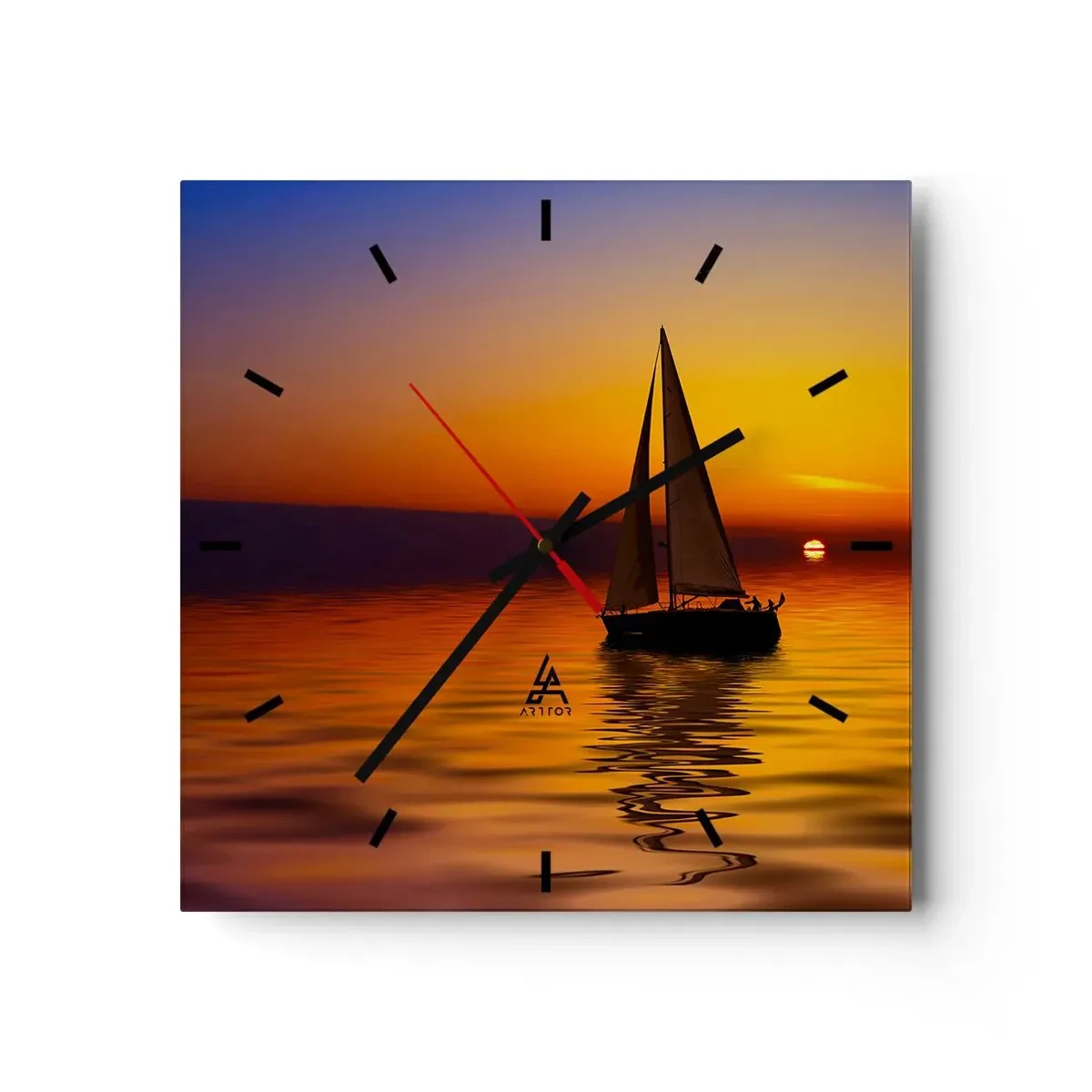 Orologio da parete - Orologio in Vetro - Una barca a vela su un mare calmo al tramonto - 30x30cm - Che silenzio al tramonto... - Decorazione murale moderna per soggiorno e camera da letto ARTTOR
