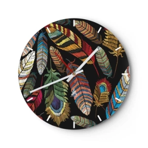 Orologio da parete - Orologio in Vetro - Piume colorate su sfondo nero in stile etnico - 30x30cm - Il carnevale degli uccelli - Decorazione murale moderna per soggiorno, cucina e camera da letto ARTTOR