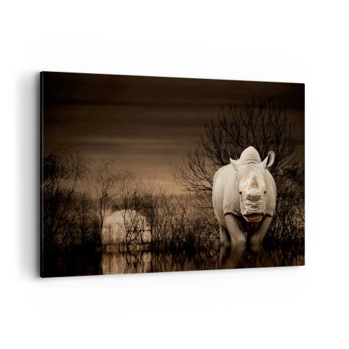 Quadro su tela - Stampe su Tela - Rinoceronte tra gli alberi al tramonto, natura selvaggia. - 120x80cm - Bianco contro la natura - Decorazione murale moderna per soggiorno e camera da letto ARTTOR