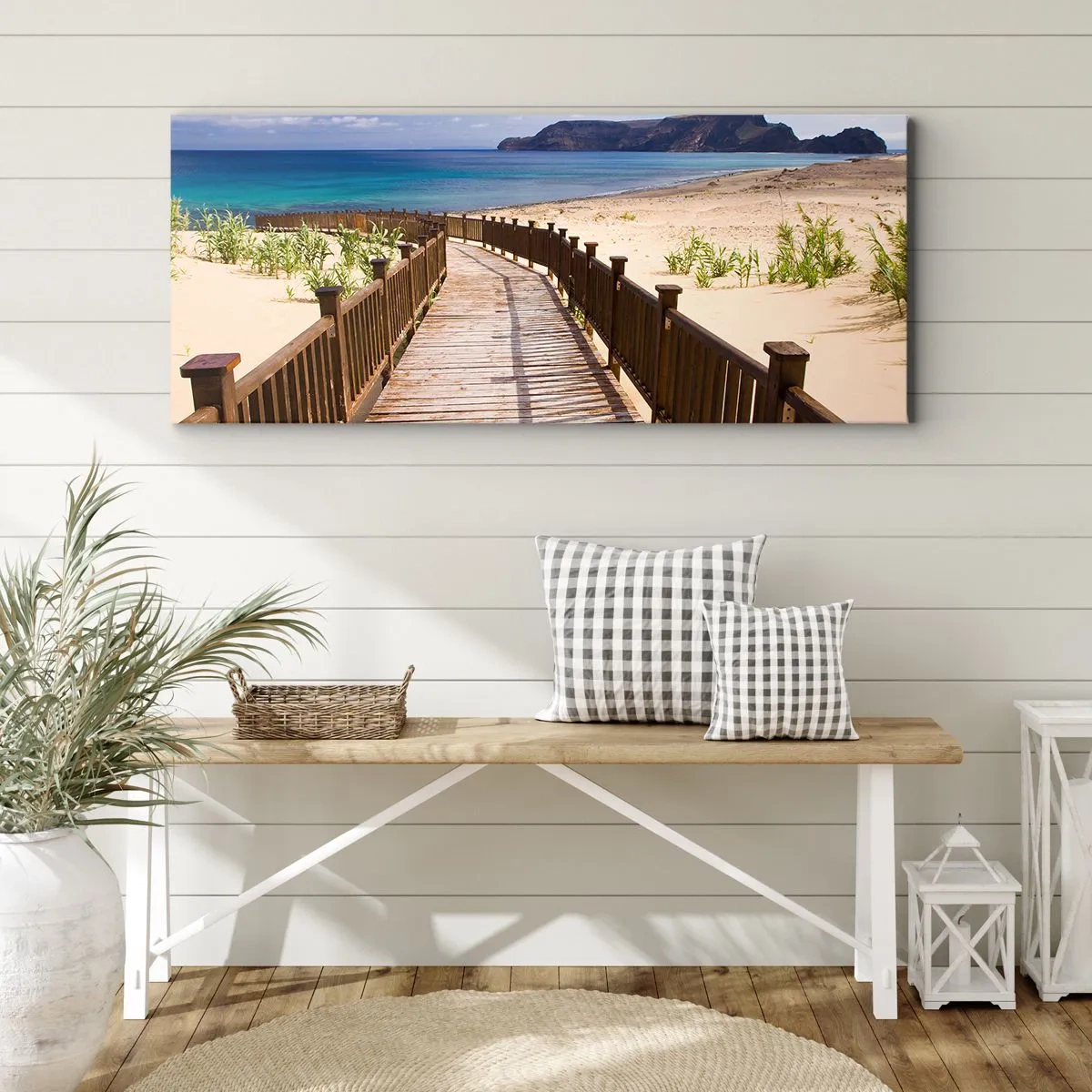 Quadro su tela - Stampe su Tela - Sentiero in legno che conduce alla spiaggia con vista sull'oceano - 140x50cm - Portami alle isole fortunate - Decorazione murale moderna per soggiorno e camera da letto ARTTOR