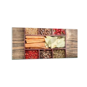 Quadro su vetro - Scatola di legno con varie spezie in scomparti - 120x50cm - Ordine delle forme, bouquet degli aromi - Decorazione murale moderna per soggiorno e camera da letto ARTTOR