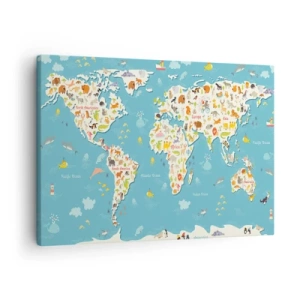 Quadro su tela - Stampe su Tela - Mappa del mondo colorata con illustrazioni di animali - 70x50cm - Amiamo tutto il mondo - Decorazione murale moderna per soggiorno e camera da letto ARTTOR