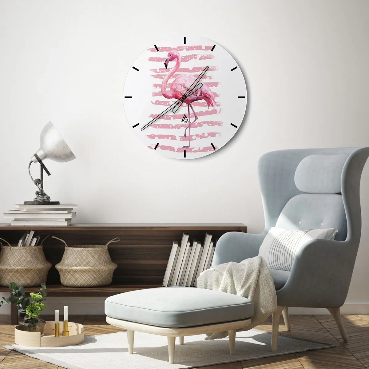 Orologio da parete - Orologio in Vetro - Un fenicottero rosa su uno sfondo a strisce bianche e rosa - 30x30cm - Con dignità, sebbene in rosa - Decorazione murale moderna per soggiorno, cucina e camera da letto ARTTOR