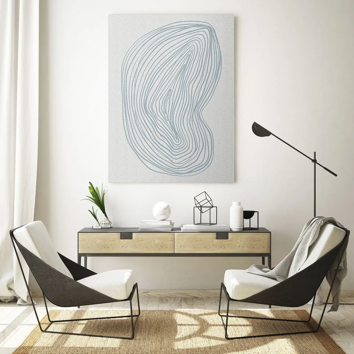 Quadro su vetro - Delicate linee blu creano una forma organica e fluida - 50x70cm - Il sorriso di una goccia - Decorazione murale moderna per soggiorno e camera da letto ARTTOR