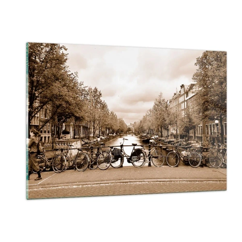 Quadro su vetro - Ponte di Amsterdam con biciclette retrò - 120x80cm - Atmosfera olandese - Decorazione murale moderna per soggiorno e camera da letto ARTTOR