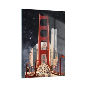 Quadro su vetro - Ponte e grattacieli sullo sfondo di una galassia surreale - 50x70cm - Sempre al centro - Decorazione murale moderna per soggiorno e camera da letto ARTTOR