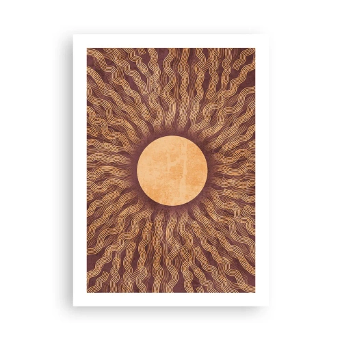 Poster - Sole stilizzato con raggi nei toni dell'oro e del marrone - 50x70cm - L'icona del sole - Decorazione murale moderna per soggiorno e camera da letto ARTTOR