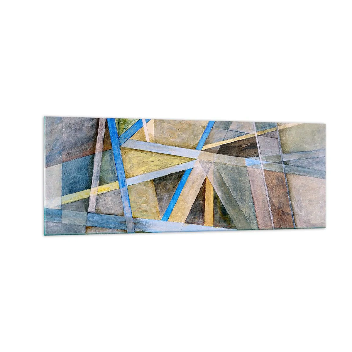 Quadro su vetro - Composizione geometrica con linee chiare e blu - 140x50cm - Dritto o obliquo? - Decorazione murale moderna per soggiorno e camera da letto ARTTOR