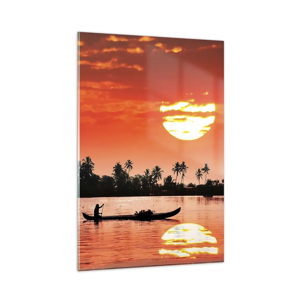 Quadro su vetro - Tramonto tropicale con una barca e palme sullo sfondo - 80x120cm - La calma dei tropici al tramonto - Decorazione murale moderna per soggiorno e camera da letto ARTTOR