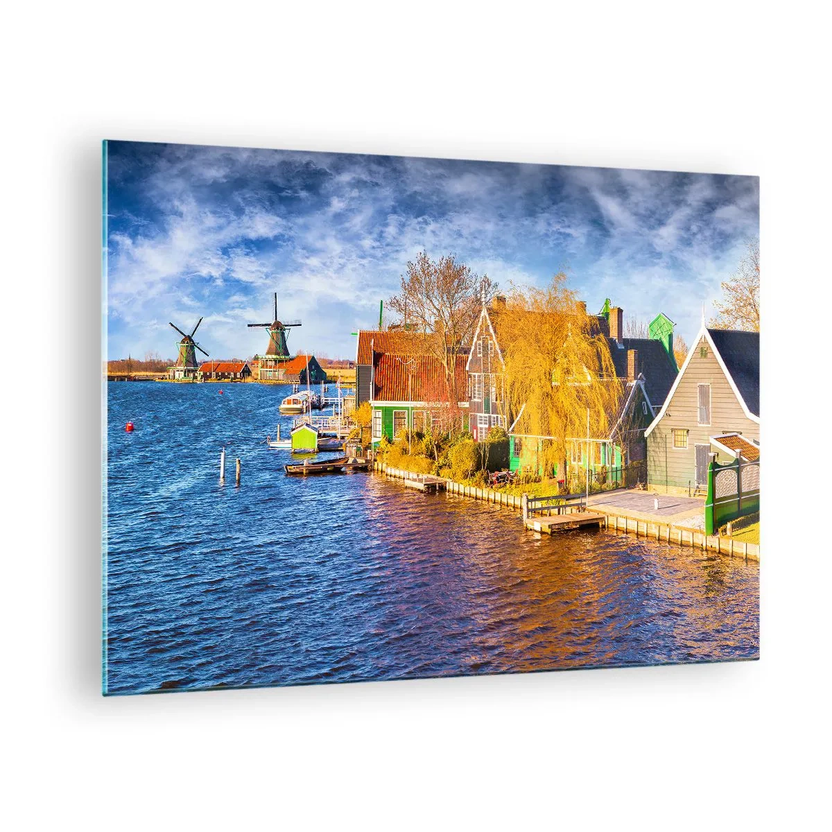 Quadro su vetro - Pittoresche case olandesi sul lungomare con mulini a vento - 70x50cm - Da secoli immutabile - Decorazione murale moderna per soggiorno e camera da letto ARTTOR