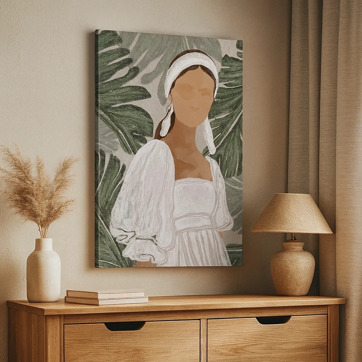 Quadro su tela - Stampe su Tela - Ritratto di una donna in abito bianco su uno sfondo di foglie di monstera - 50x70cm - Ritratto esotico - Decorazione murale moderna per soggiorno e camera da letto ARTTOR