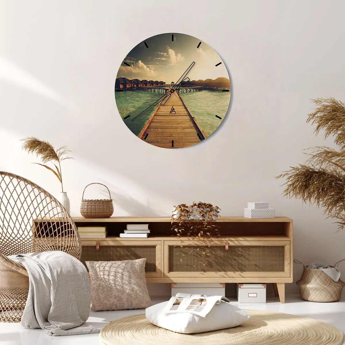 Orologio da parete - Orologio in Vetro - Il molo che conduce alle case sull'acqua alla luce del tramonto - 30x30cm - Caldo invito - Decorazione murale moderna per soggiorno, cucina e camera da letto ARTTOR
