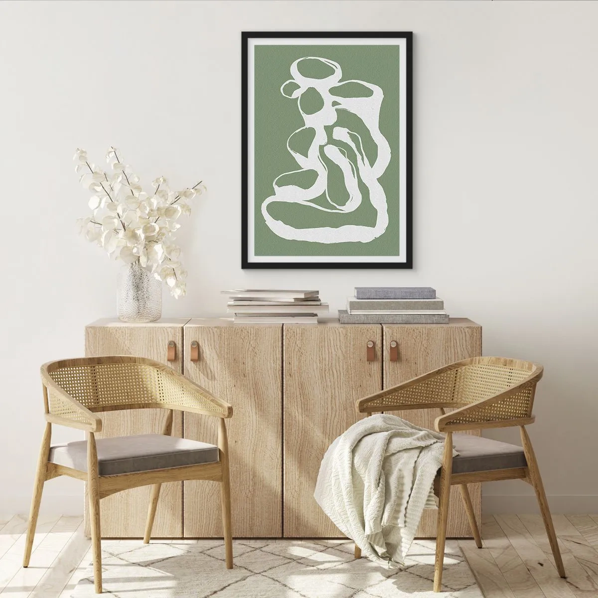 Poster in cornice nera - Composizione astratta bianca su sfondo verde - 50x70cm - Il richiamo dello spazio - Decorazione murale moderna per soggiorno e camera da letto ARTTOR