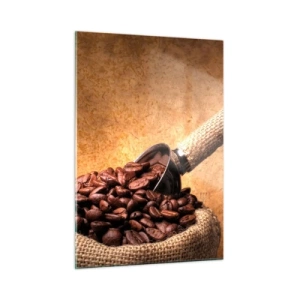 Quadro su vetro - Chicchi di caffè in un sacco di iuta con un cucchiaio di metallo - 50x70cm - Alla fonte del gusto - Decorazione murale moderna per soggiorno e camera da letto ARTTOR