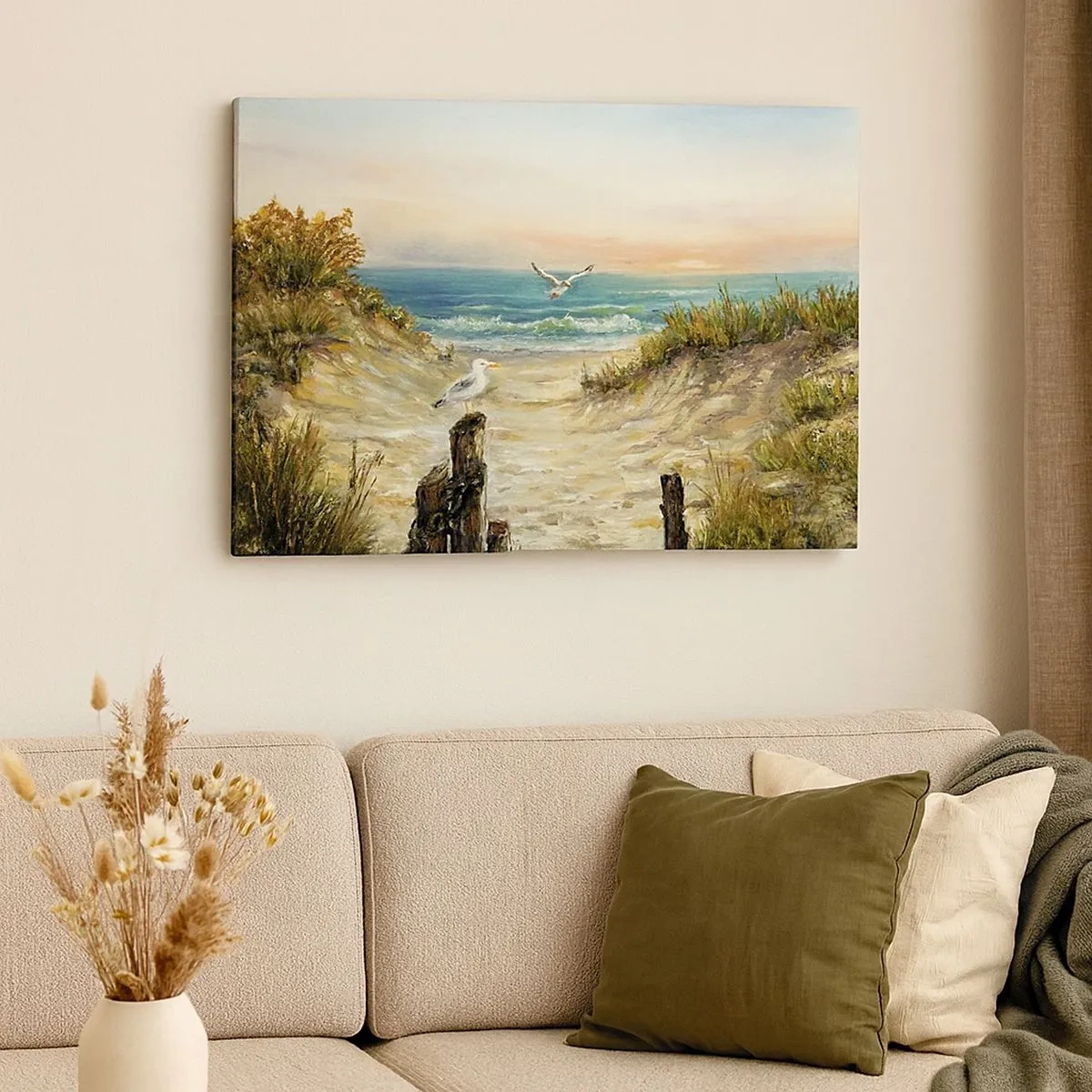 Quadro su tela - Stampe su Tela - Costa con gabbiani e dune al tramonto - 70x50cm - Silenzio senza vento - Decorazione murale moderna per soggiorno e camera da letto ARTTOR