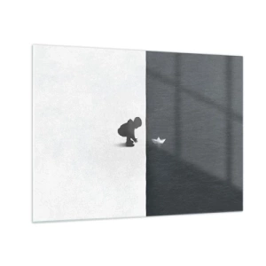 Quadro su vetro - Sagoma di un bambino che lancia una barchetta di carta in acqua - 70x50cm - La grande spedizione - Decorazione murale moderna per soggiorno e camera da letto ARTTOR