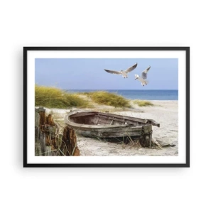 Poster in cornice nera - Barca abbandonata su una spiaggia con gabbiani - 70x50cm - Bagnate dal vento - Decorazione murale moderna per soggiorno e camera da letto ARTTOR