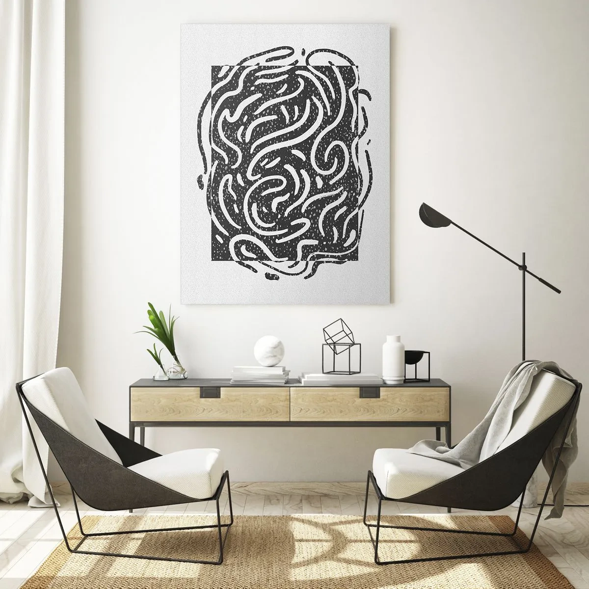 Quadro su vetro - Linee e punti astratti dinamici che creano una forma energica - 50x70cm - Astrazione: la danza della gioia - Decorazione murale moderna per soggiorno e camera da letto ARTTOR