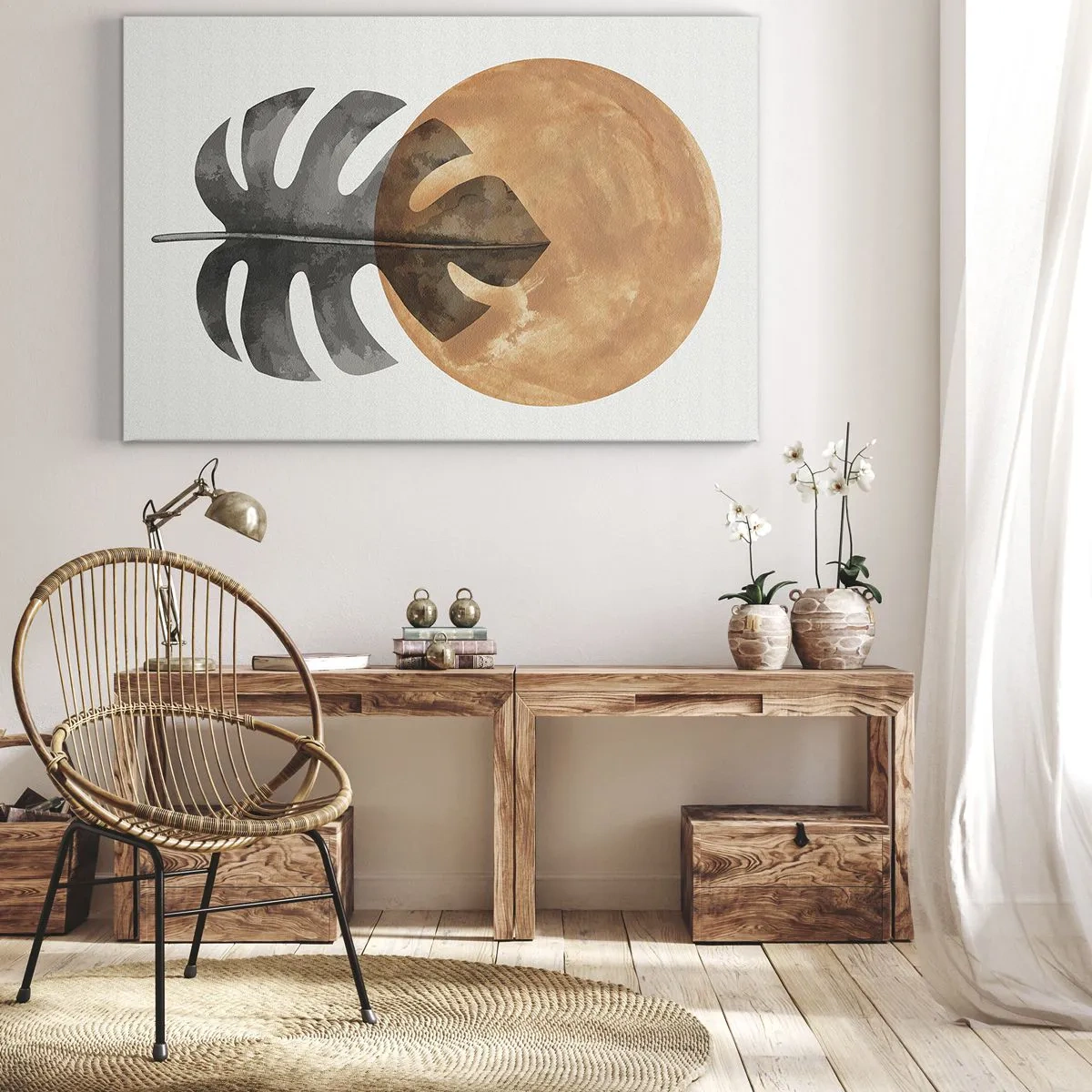 Quadro su tela - Stampe su Tela - Foglia di monstera e cerchio dorato su sfondo chiaro - 70x50cm - Sempre il sole - Decorazione murale moderna per soggiorno e camera da letto ARTTOR