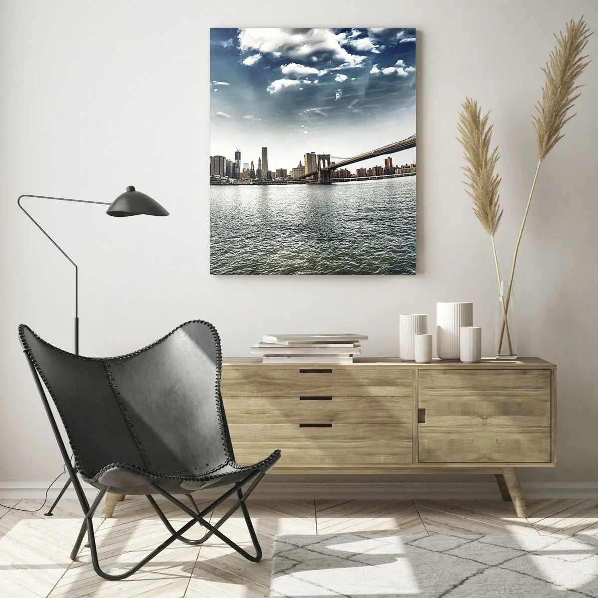 Quadro su vetro - Panorama di New York City con il ponte di Brooklyn - 50x70cm - L'isola di vetro - Decorazione murale moderna per soggiorno e camera da letto ARTTOR