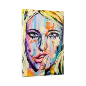 Quadro su vetro - Ritratto colorato di una donna in stile astratto - 80x120cm - Guardala dritto negli occhi - Decorazione murale moderna per soggiorno e camera da letto ARTTOR