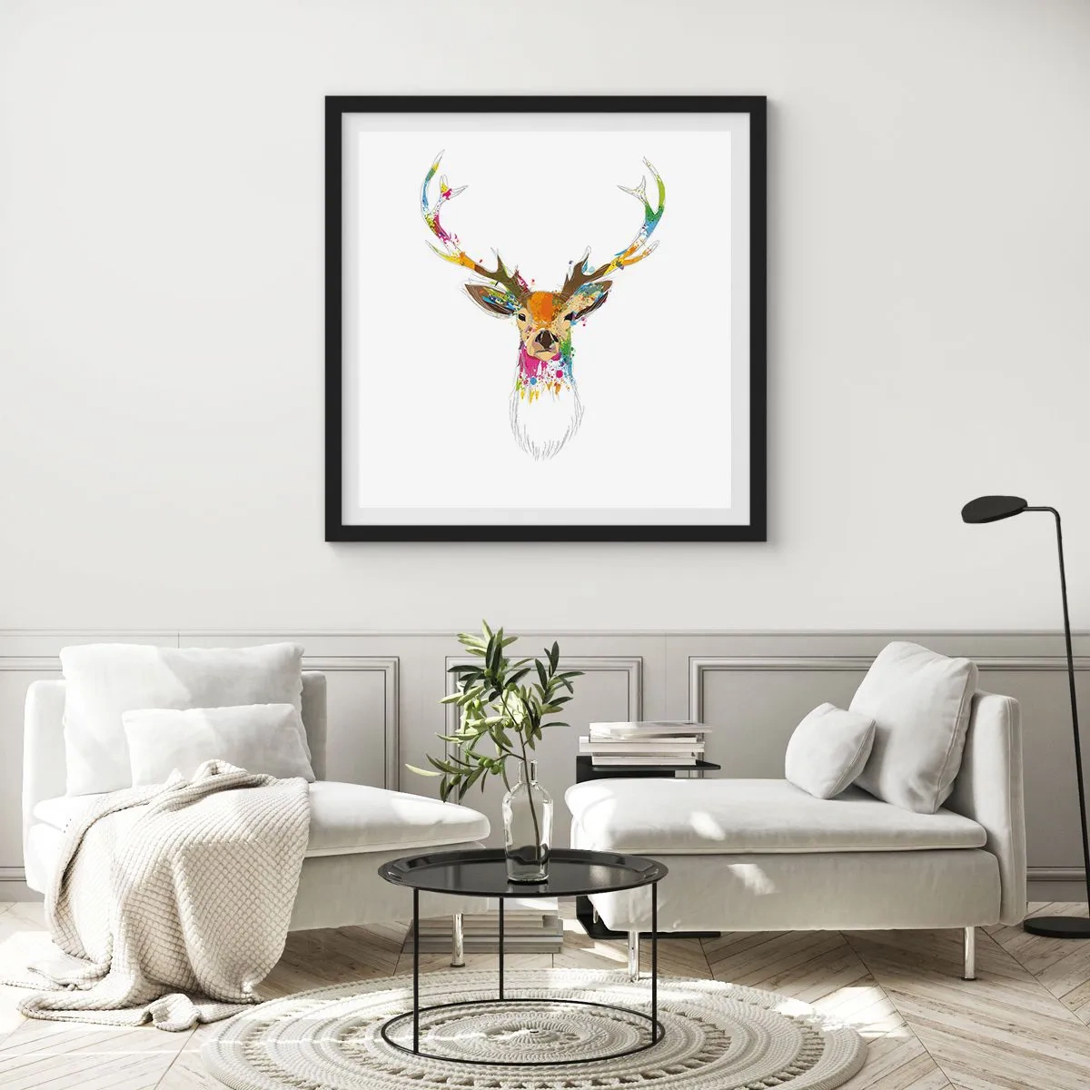 Poster in cornice nera - Mite cerbiatto immerso nel colore - 40x40 cm