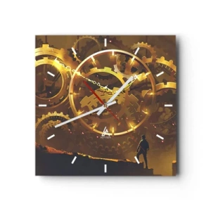 Orologio da parete - Orologio in Vetro - Ingranaggi dorati in un ambiente surreale con una figura - 30x30cm - Alla fonte del tempo - Decorazione murale moderna per soggiorno e camera da letto ARTTOR