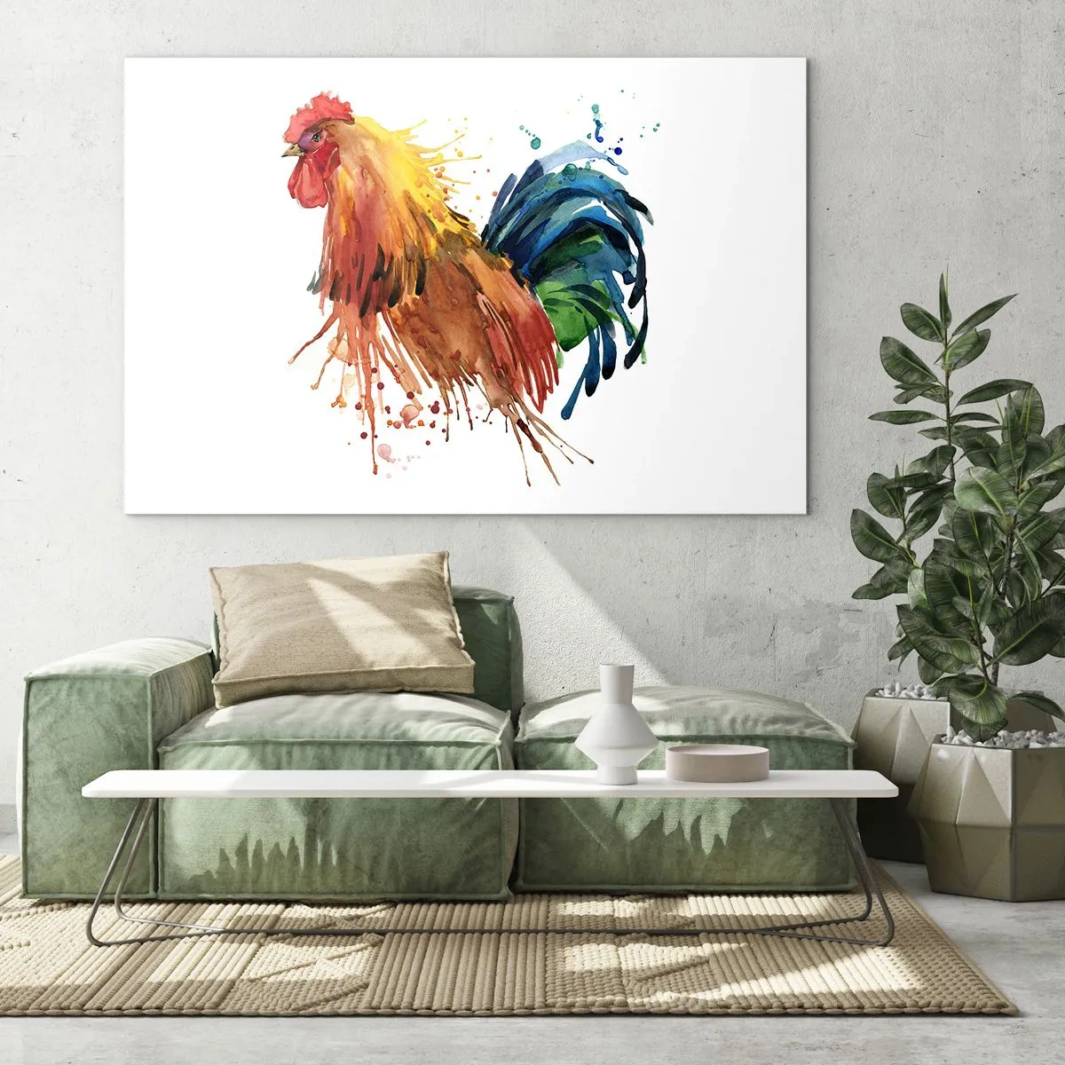 Quadro su vetro - Gallo acquerello dai colori vivaci su sfondo bianco - 100x70cm - Abito reale, orgoglio reale - Decorazione murale moderna per soggiorno e camera da letto ARTTOR