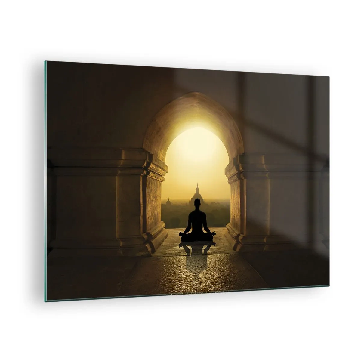 Quadro su vetro - Silhouette di una persona in meditazione alla luce del sole al tramonto in un arco architettonico - 70x50cm - Armonia completa - Decorazione murale moderna per soggiorno e camera da letto ARTTOR