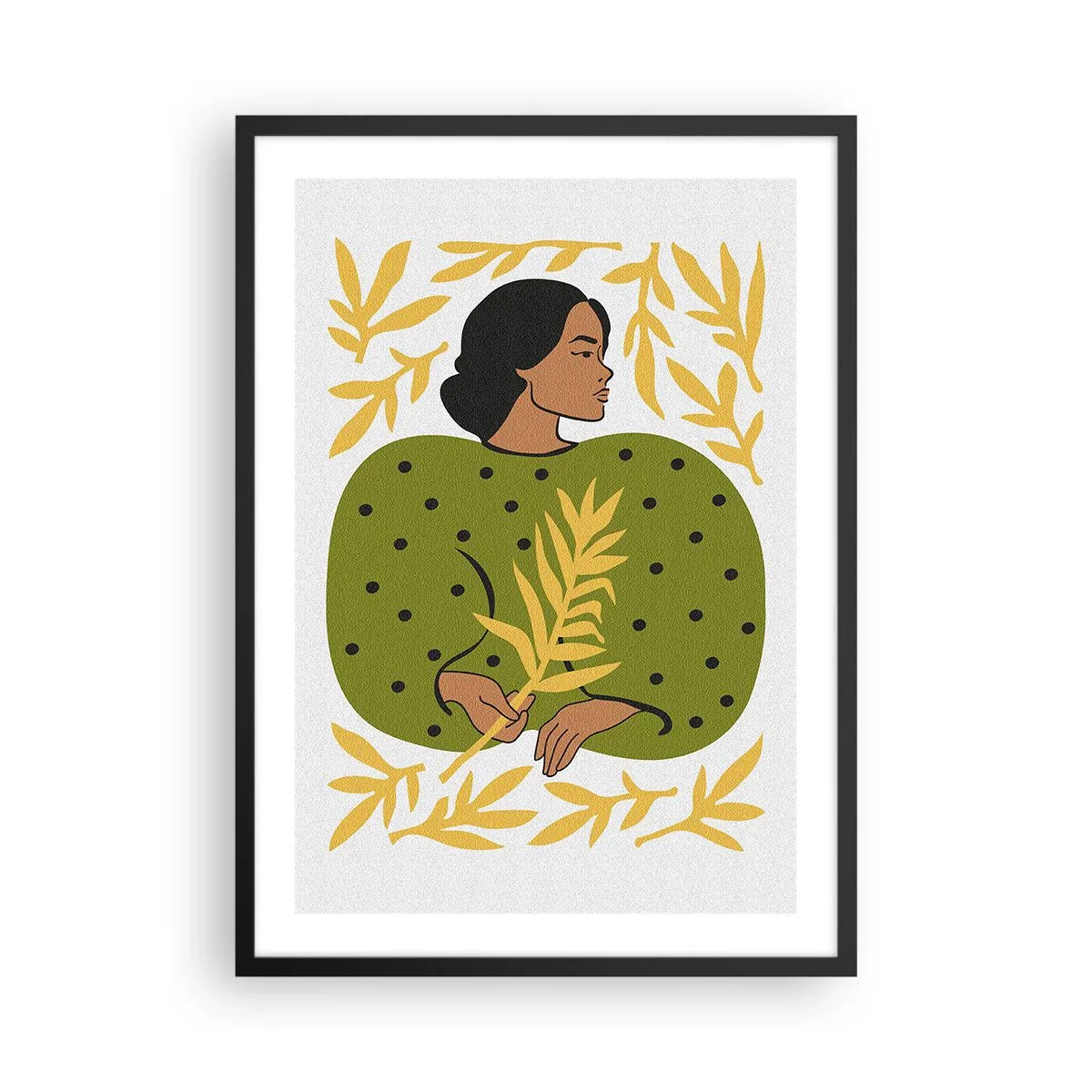 Poster in cornice nera - Ritratto di una donna in un abito verde con una foglia gialla, con un motivo delicato - 50x70cm - Ragazza hawaiana - Decorazione murale moderna per soggiorno e camera da letto ARTTOR