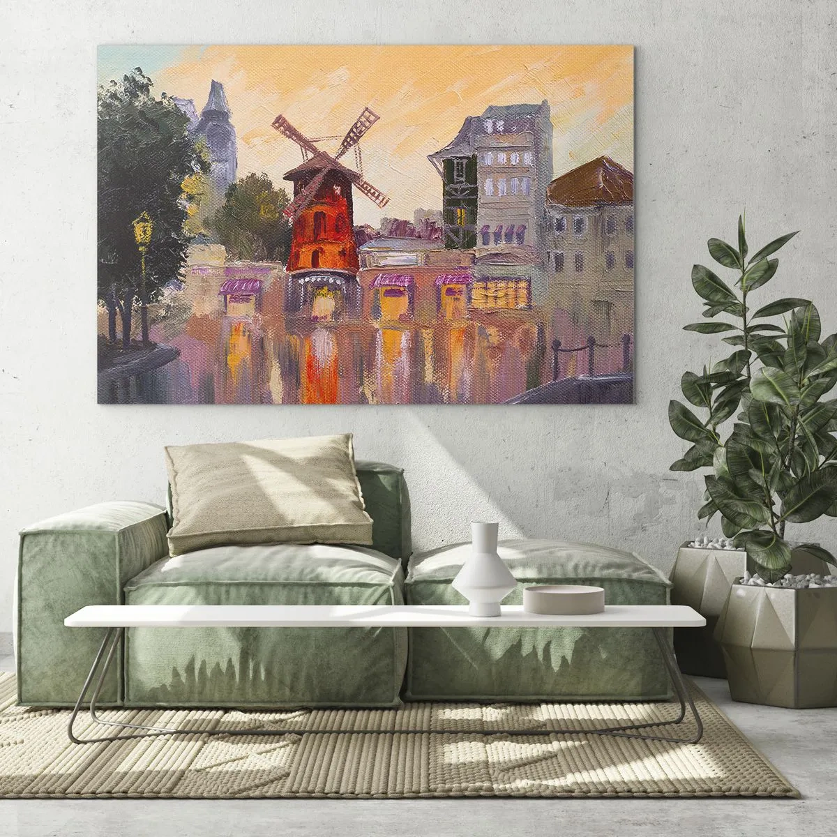 Quadro su vetro - Il mulino a vento rosso del Moulin Rouge tra i palazzi parigini - 120x80cm - Le icone di Parigi: il Moulin Rouge - Decorazione murale moderna per soggiorno e camera da letto ARTTOR