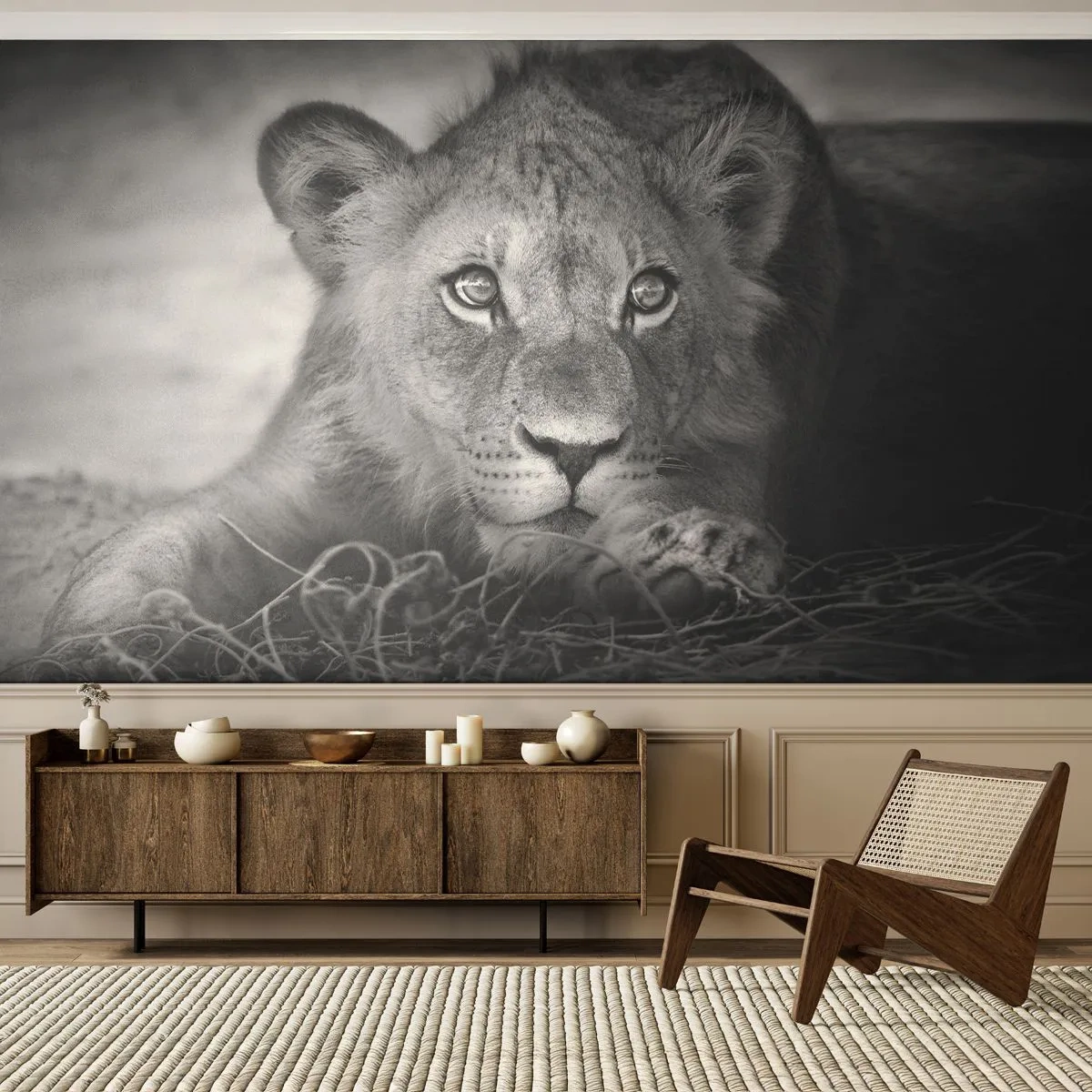 Fotomurali Autoadesivo Deluxe Sticker - Cucciolo reale - Animali, Leone, Bianco e nero - 250x175 cm
