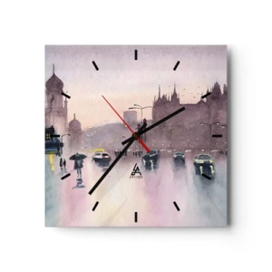 Orologio da parete - Orologio in Vetro - Una strada cittadina al crepuscolo in stile acquerello - 30x30cm - Nella nebbia piovigginosa - Decorazione murale moderna per soggiorno e camera da letto ARTTOR