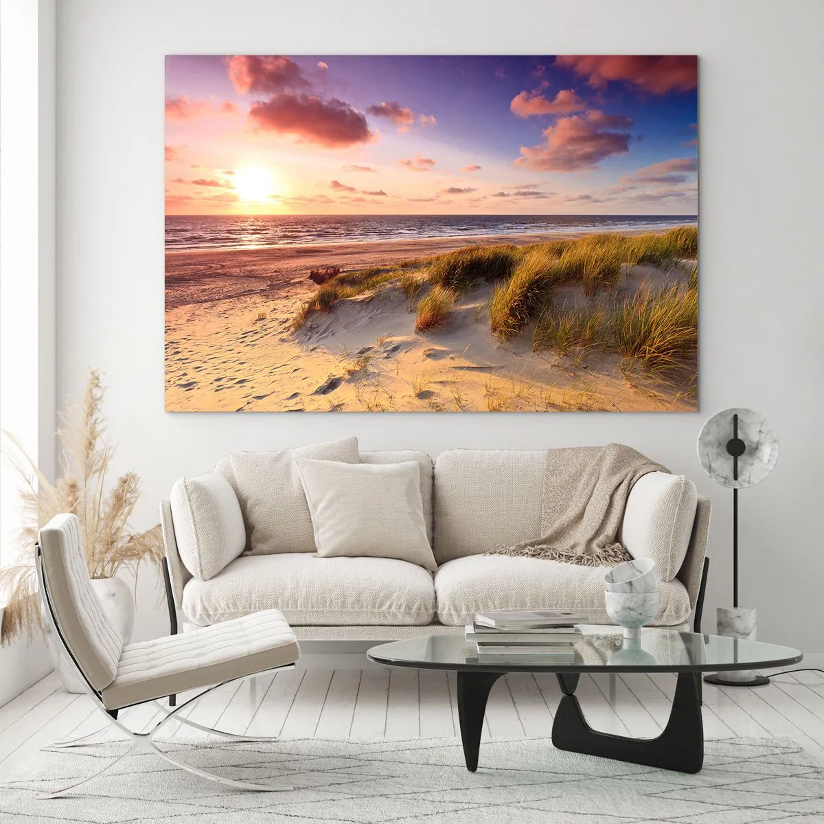 Quadro su vetro - Spiaggia con dune al tramonto - 70x50cm - L'aria già profuma di estate - Decorazione murale moderna per soggiorno e camera da letto ARTTOR