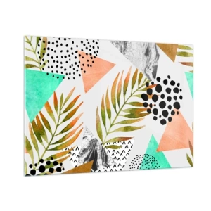 Quadro su vetro - Forme geometriche e foglie in colori pastello - 100x70cm - Decorazione con foglie di palma - Decorazione murale moderna per soggiorno e camera da letto ARTTOR