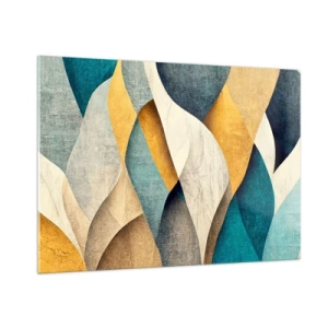 Quadro su vetro - Forme astratte nelle tonalità del giallo e del blu - 100x70cm - Ritmo e ondulazioni - Decorazione murale moderna per soggiorno e camera da letto ARTTOR