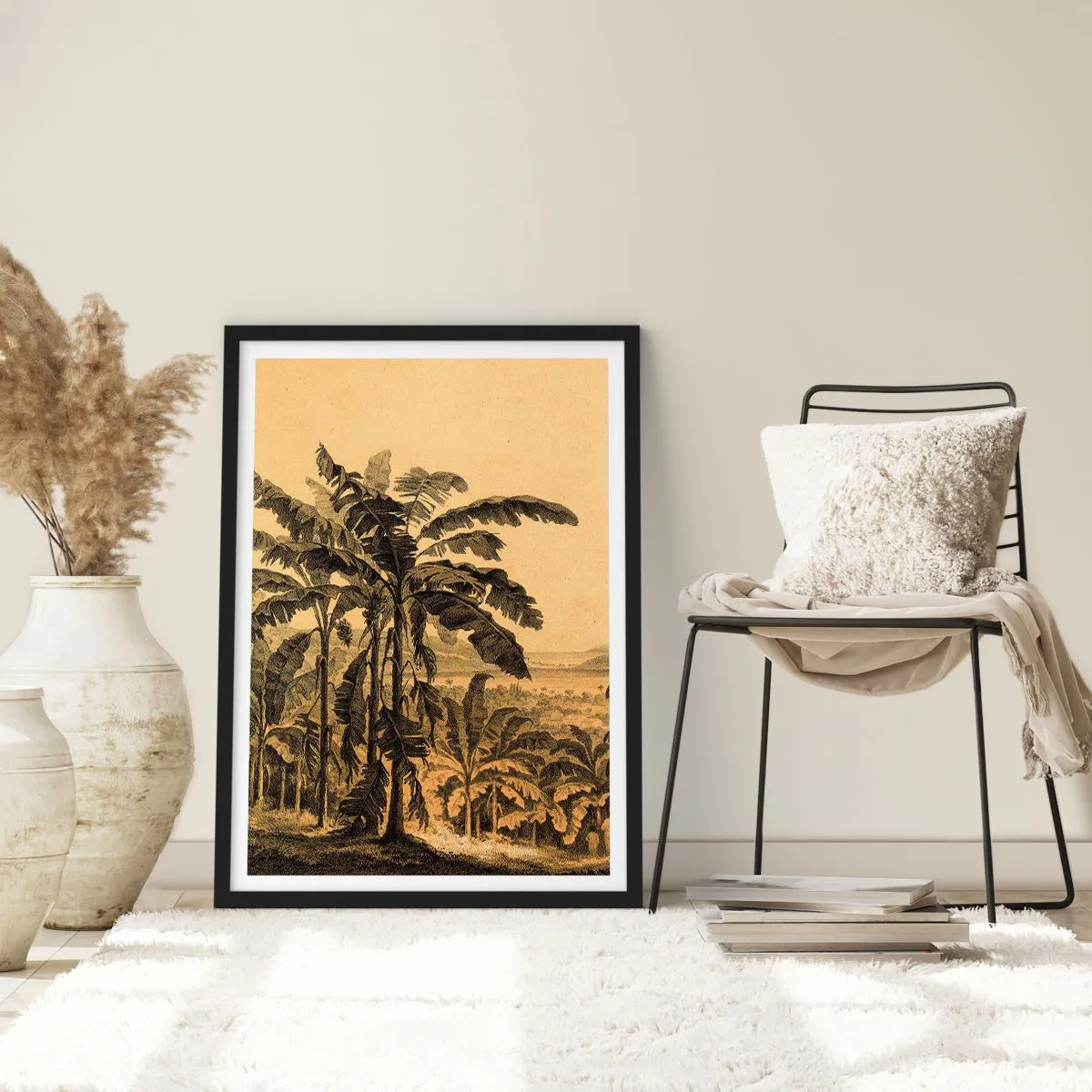 Poster in cornice nera - Illustrazione di palme su uno sfondo di paesaggio tropicale - 50x70cm - Nel clima coloniale - Decorazione murale moderna per soggiorno e camera da letto ARTTOR
