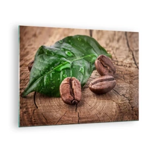 Quadro su vetro - Chicchi di caffè su uno sfondo di foglie e legno - 70x50cm - Nero e autentico - Decorazione murale moderna per soggiorno e camera da letto ARTTOR
