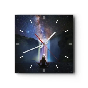 Orologio da parete - Orologio in Vetro - Meditazione davanti a una cascata tra le stelle - 30x30cm - Armonia assoluta - Decorazione murale moderna per soggiorno e camera da letto ARTTOR