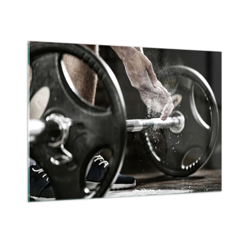 Quadro su vetro - Sollevamento pesi con gesso sulle mani e bilanciere - 100x70cm - Sfida accettata! - Decorazione murale moderna per soggiorno e camera da letto ARTTOR