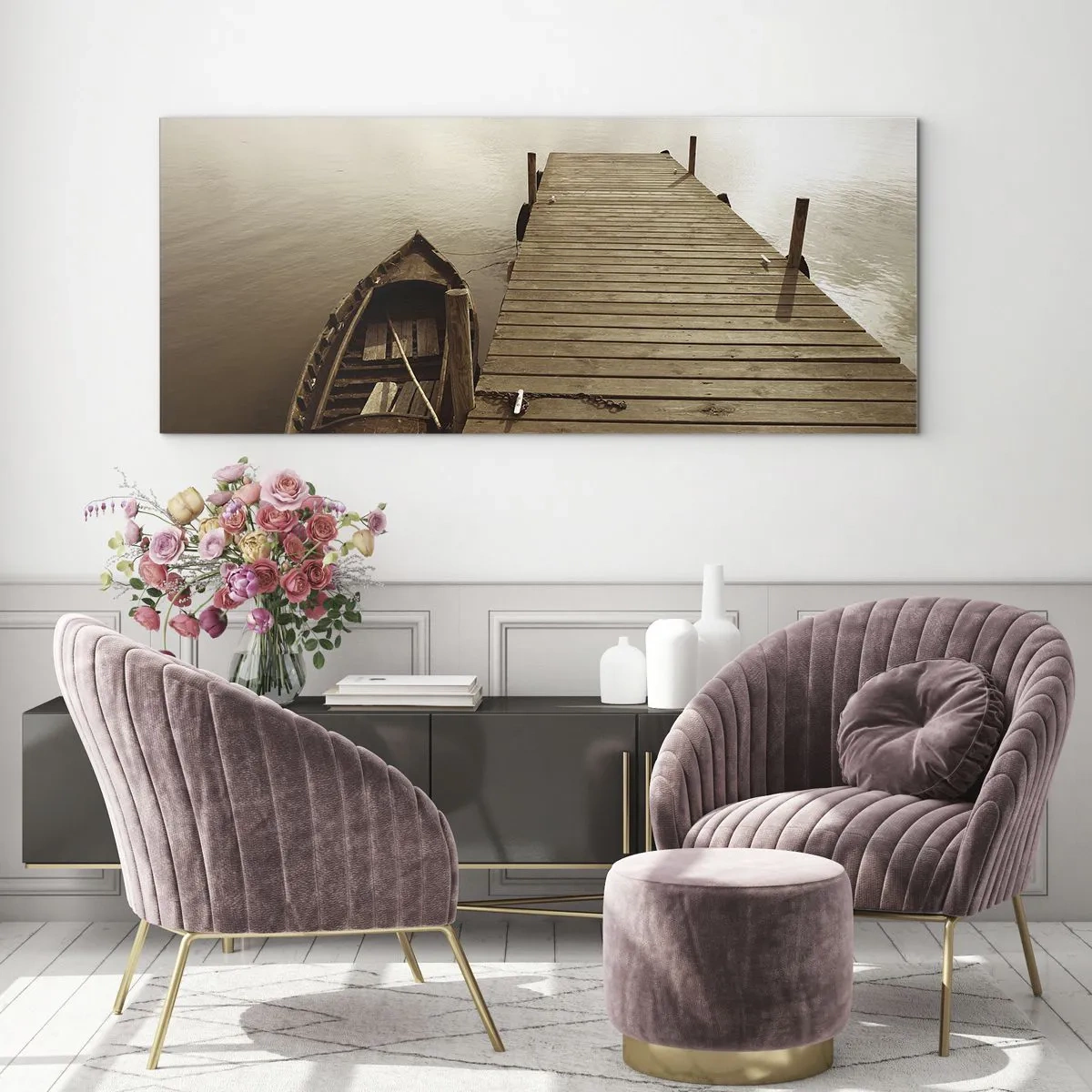 Quadro su vetro - Molo di legno e barca su un lago calmo - 160x50cm - La grande pace - Decorazione murale moderna per soggiorno e camera da letto ARTTOR